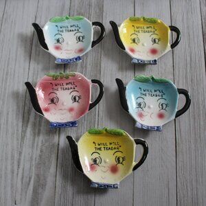 5 pc Vintage Tea Bag Holder Funny Faces Teapot Plates "I Will Holl The Teabag"